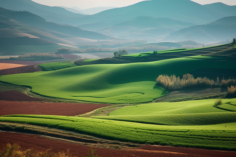 水墨画般的远山环绕的红土地的梯田,高清,摄影图,摄影图片,图片大全,摄影图免费下载